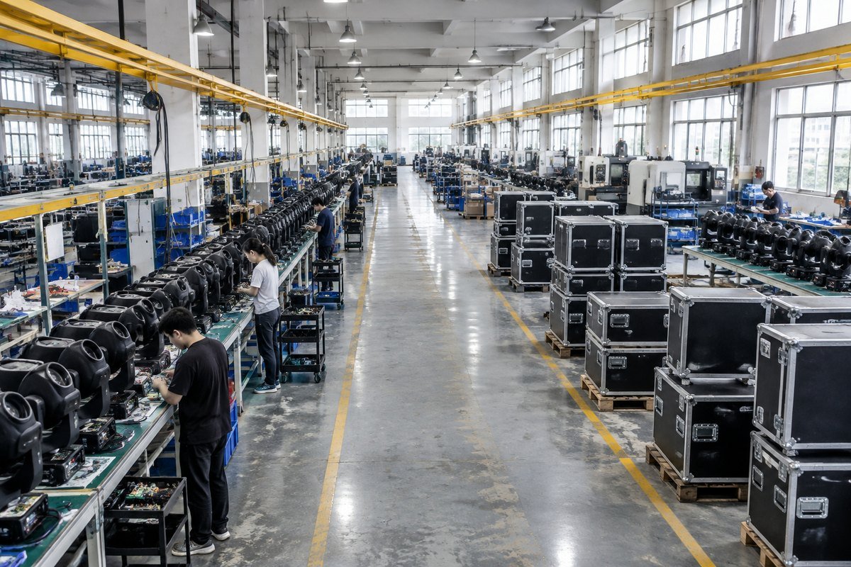 GOGFITS factory floor with parallel moving-head assembly lines, flight cases and CNC machines