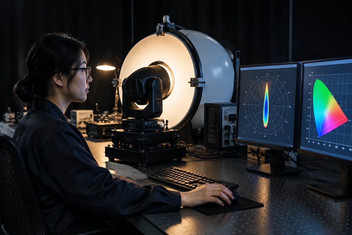 Optical engineer running an integrating-sphere test on a moving-head fixture